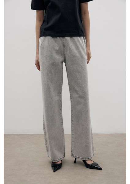 Taş Işlemeli Beli Lastikli Denim Pantolon fiyatları