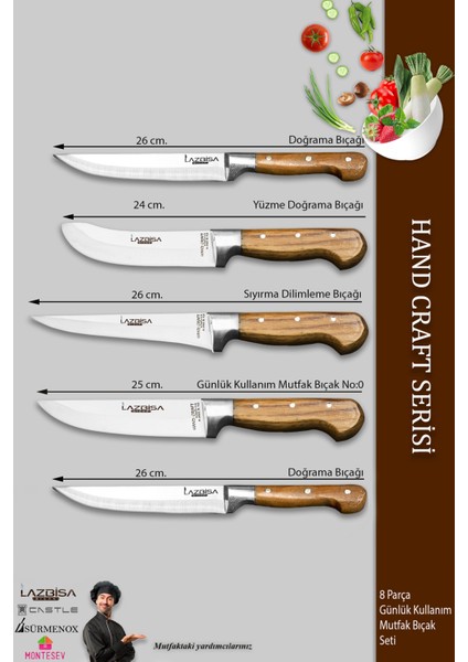 Hand Craft Pro Serisi Mutfak Bıçak Seti 8 Parça Et Ekmek Sebze Salata Börek Bıçağı Masat (MFP-452)