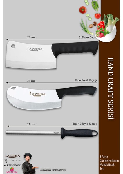 Hand Craft Pro Serisi Mutfak Bıçak Seti 8 Parça Et Ekmek Sebze Salata Börek Bıçağı Masat (MFP-452)
