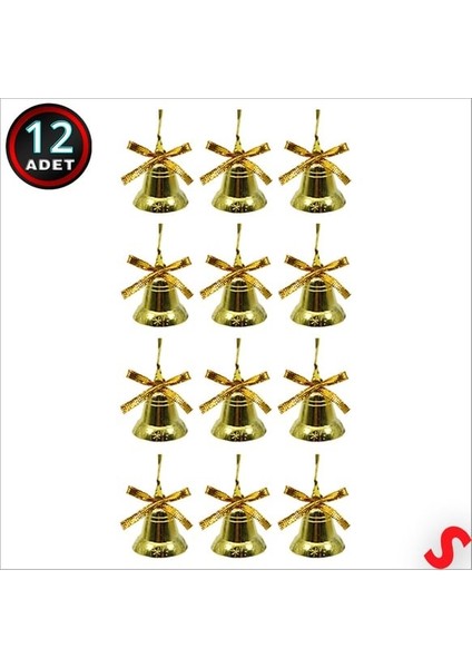 12 Adet Mini Zil Çan 4 cm Altın Sarısı Kurdeleli 12 Zil Süs Yılbaşı Çam Ağacı Süsü Gold Yılbaşı Çam Ağacı