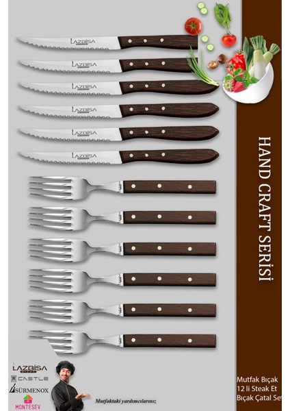 Hand Craft Serisi Steak Et Yemek Kahvaltı Bıçağı Çatalı 12 Li Set Mutfak Bıçak Seti ( Mtf-061 )