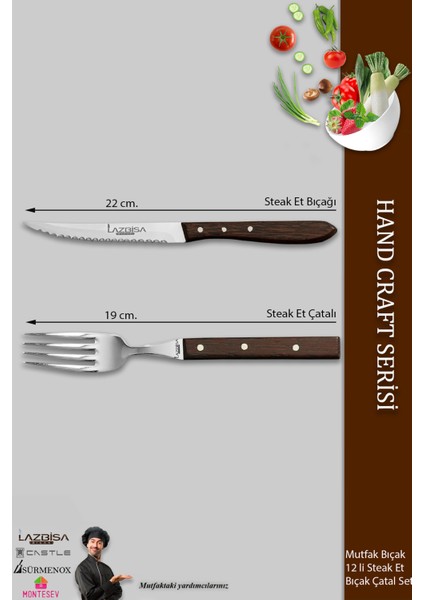 Hand Craft Serisi Steak Et Yemek Kahvaltı Bıçağı Çatalı 12 Li Set Mutfak Bıçak Seti ( Mtf-061 ) fiyatları