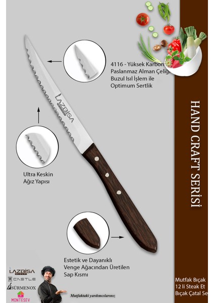 Hand Craft Serisi Steak Et Yemek Kahvaltı Bıçağı Çatalı 12 Li Set Mutfak Bıçak Seti ( Mtf-061 ) modelleri