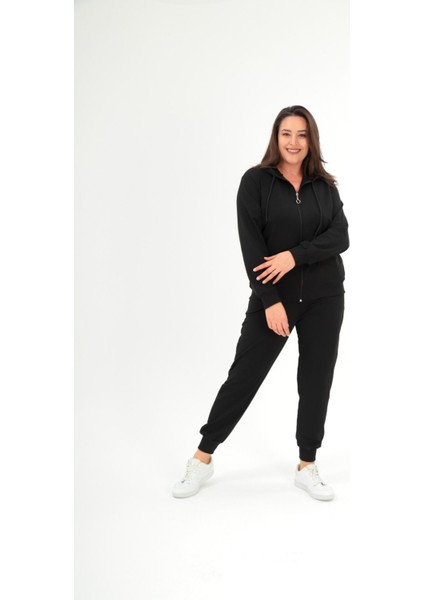 Kadın Iki Iplik Önü Fermuarlı Paçası Lastikli Kapşonlu Eşofman Takımı