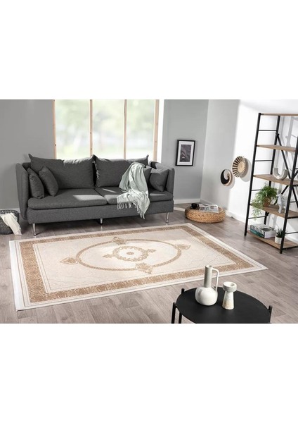 Elif Krem Halı Bej Detaylı Göbekli Kenar Çerçeveli Ince Yumuşak Akrilik Tozuaz Modern Salon Halısı