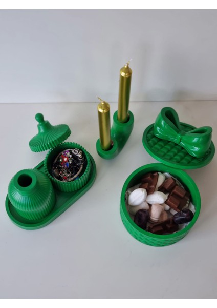 Yeşil Özgün Set-Oval Tepsi Vazo 2 Kapaklı Kutu 2li Şamdan fiyatları