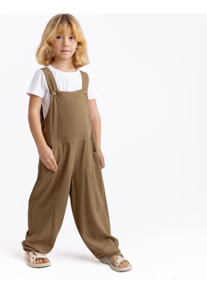 Unisex Bol Paça Keten Salopet Caramel