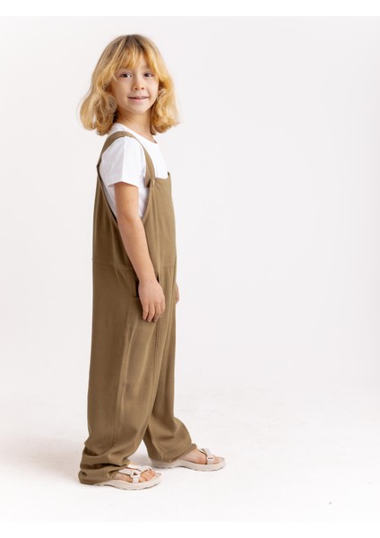 Unisex Bol Paça Keten Salopet Caramel