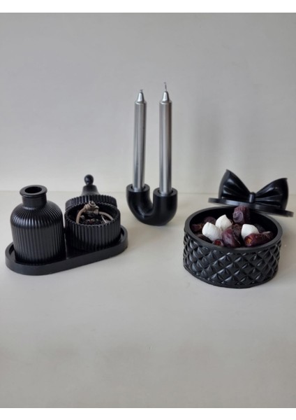 Dekoratif Özgün Set -Oval Tepsi Vazo 2 Adet Kapaklı Kutu 2 Li Şamdan