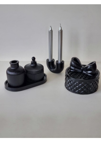 Dekoratif Özgün Set -Oval Tepsi Vazo 2 Adet Kapaklı Kutu 2 Li Şamdan fiyatları