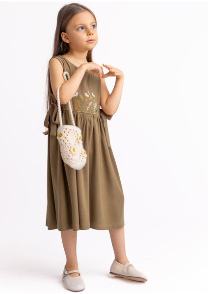 Önü Nakışlı Yandan Bağlamalı Keten Elbise Caramel fiyatları