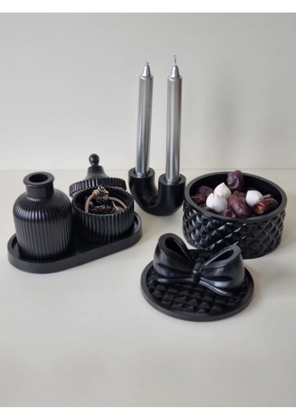 Dekoratif Özgün Set -Oval Tepsi Vazo 2 Adet Kapaklı Kutu 2 Li Şamdan modelleri