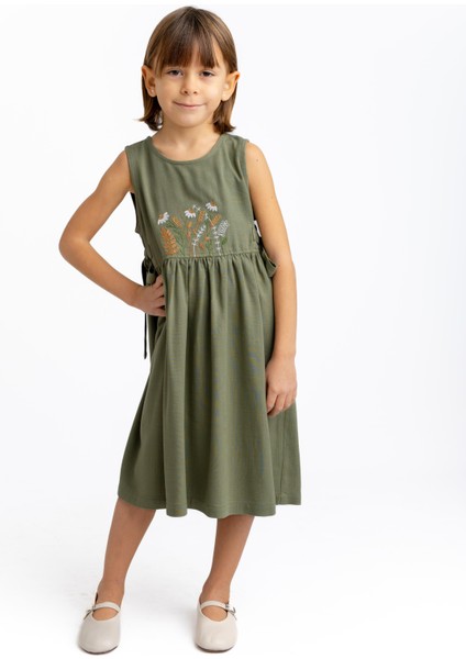 Önü Nakışlı Yandan Bağlamalı Keten Elbise Haki fiyatları