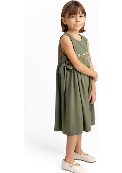 Önü Nakışlı Yandan Bağlamalı Keten Elbise Haki modelleri