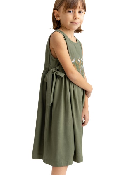 Önü Nakışlı Yandan Bağlamalı Keten Elbise Haki fırsatları