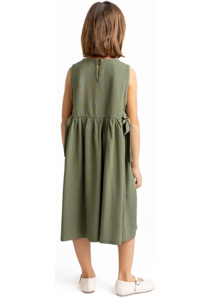 Önü Nakışlı Yandan Bağlamalı Keten Elbise Haki indirimleri