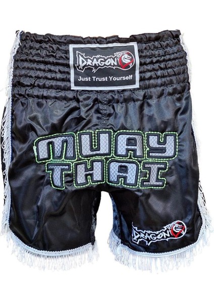 MT3020 Apache Muaythai Şortu Siyah Püsküllü Şort Nakışlı Muay Thai Şortu