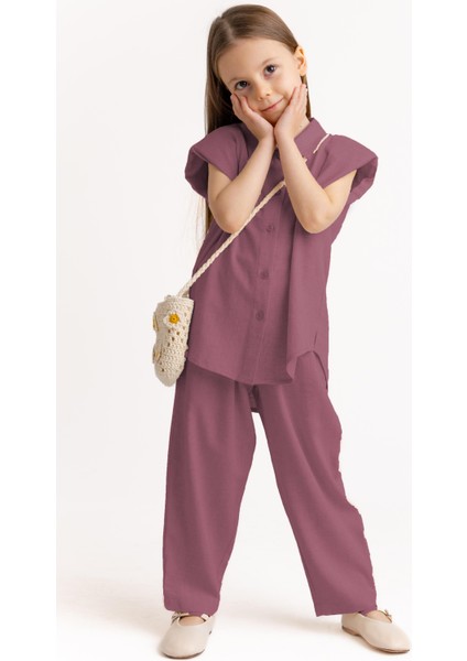 Fiyonklu Nakışlı Keten Kız Çocuk Gömlek Mürdüm