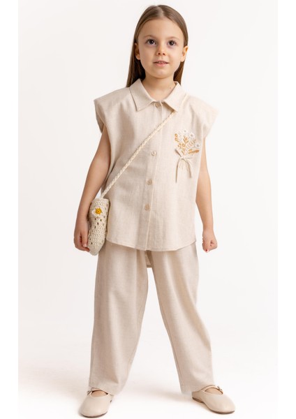 Fiyonklu Nakışlı Keten Kız Çocuk Gömlek Naturel