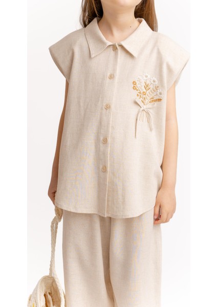 Fiyonklu Nakışlı Keten Kız Çocuk Gömlek Naturel modelleri
