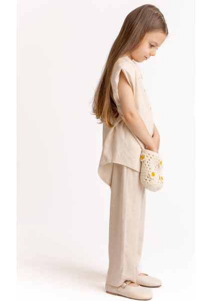 Fiyonklu Nakışlı Keten Kız Çocuk Gömlek Naturel fırsatları