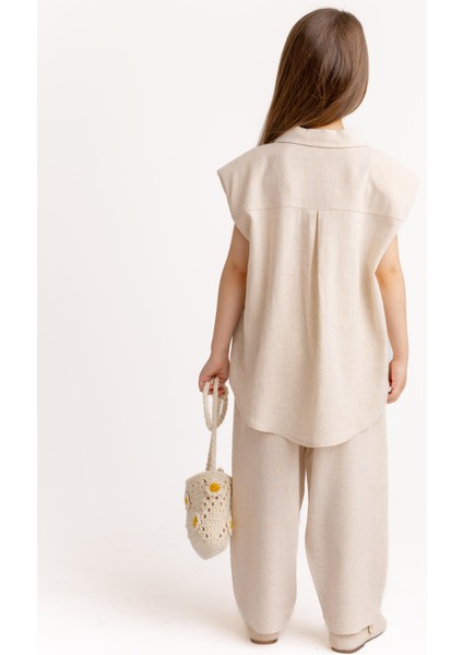 Fiyonklu Nakışlı Keten Kız Çocuk Gömlek Naturel indirimleri