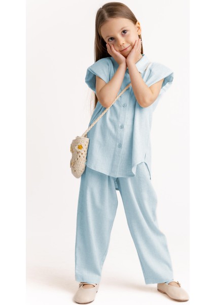 Fiyonklu Nakışlı Keten Kız Çocuk Gömlek Mavi