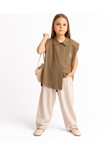 Fiyonklu Nakışlı Keten Kız Çocuk Gömlek Caramel