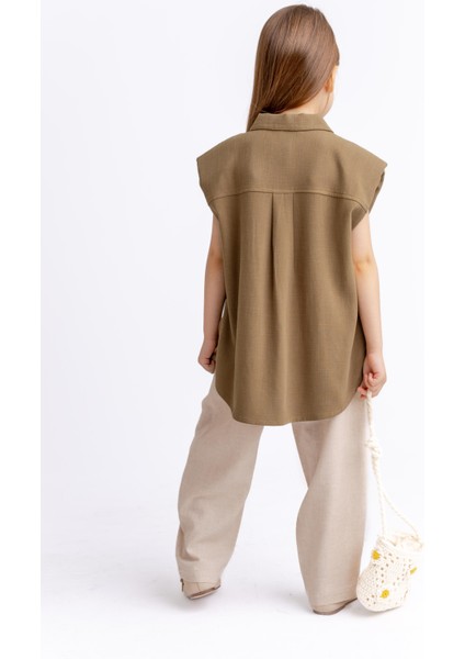 Fiyonklu Nakışlı Keten Kız Çocuk Gömlek Caramel fırsatları