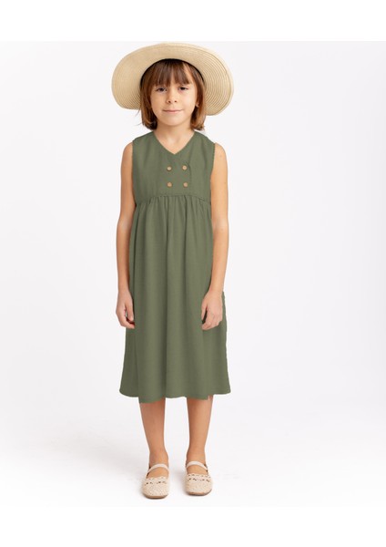 Önü Dört Düğmeli Kopanakili Keten Kız Çocuk Elbise Haki