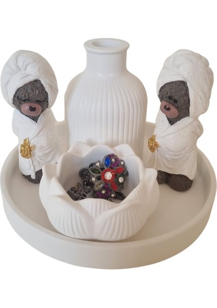 Sevimli Ayıcıklı Beyaz Dekoratif Minimalist Set - Yuvarlak Tepsi Vazo Lotus Mumluk ve Sevimli Ayıcık modelleri