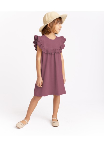 Robadan Fırfır Nakışlı Keten Kız Çocuk Elbise Mürdüm