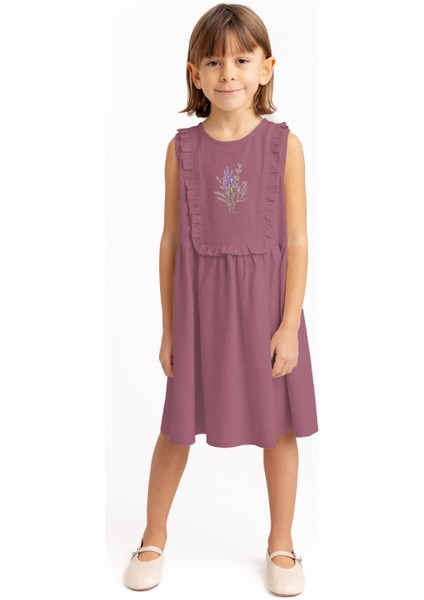 Dikdörtgen Robası Fırfırlı Nakışlı Keten Kız Çocuk Elbise Mürdüm