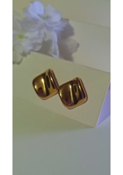 Çelik Gold Dalgalı Kare Küpe
