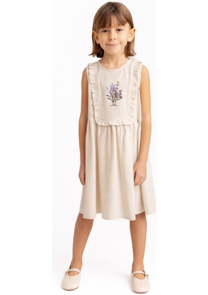 Dikdörtgen Robası Fırfırlı Nakışlı Keten Kız Çocuk Elbise Naturel