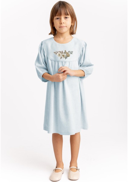 Robadan Kopanakili Nakışlı Keten Kız Çocuk Elbise Mavi