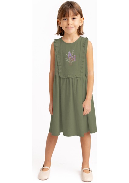 Dikdörtgen Robası Fırfırlı Nakışlı Keten Kız Çocuk Elbise Haki
