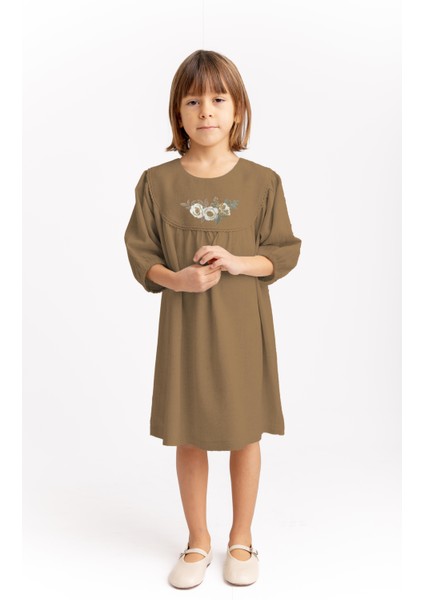 Robadan Kopanakili Nakışlı Keten Kız Çocuk Elbise Caramel