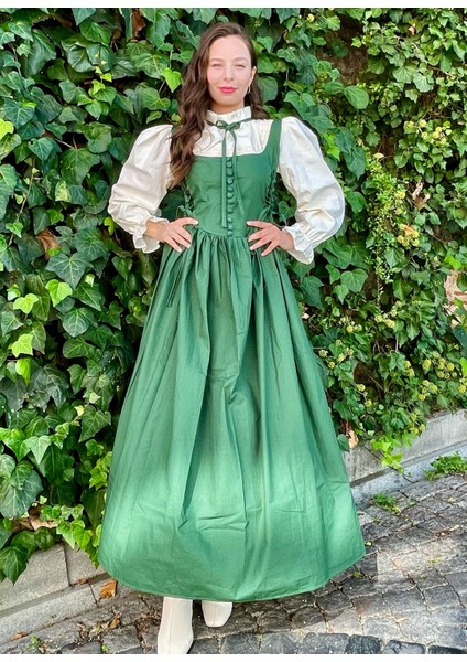 Zümrüt Yeşili Zarif Uzun Retro Elbise