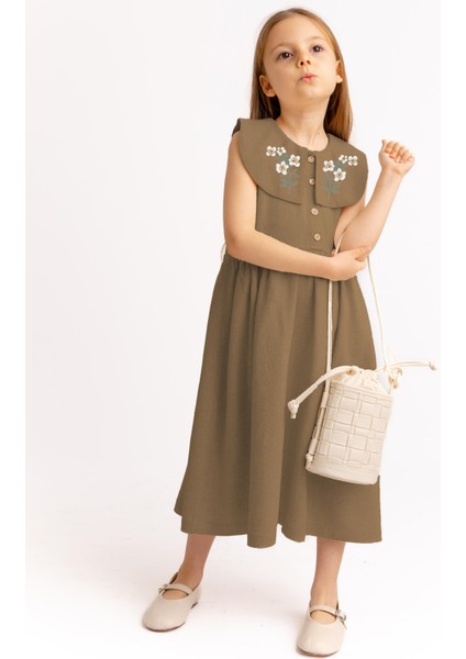 Nakışlı Roba Yaka Keten Kız Çocuk Elbise Caramel