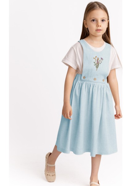 Yeleği Demonte Nakışlı Keten Kız Çocuk Elbise Mavi