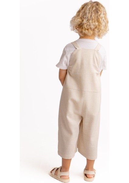 Unisex Tüğ Nakışlı Keten Salopet Naturel
