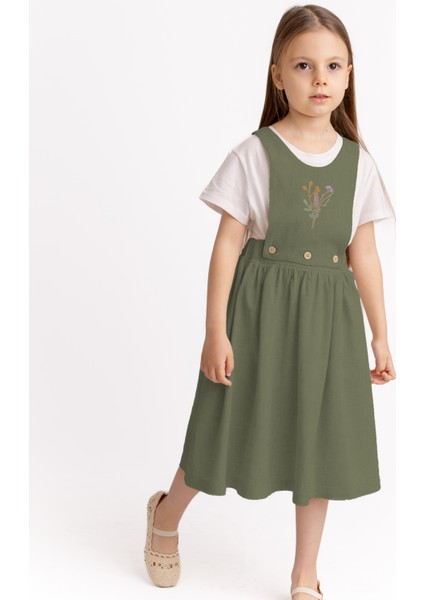 Yeleği Demonte Nakışlı Keten Kız Çocuk Elbise Haki