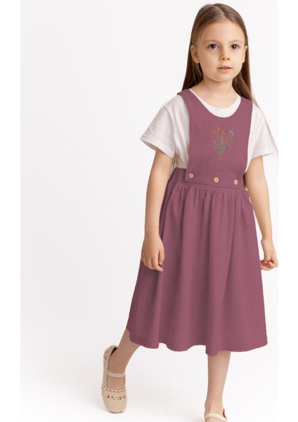Yeleği Demonte Nakışlı Keten Kız Çocuk Elbise Mürdüm