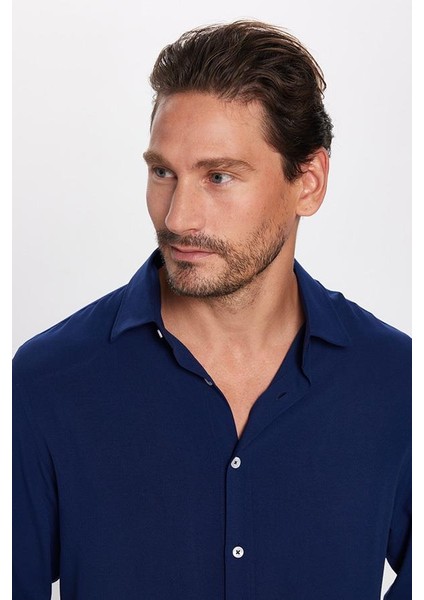Slim Fit Dar Kesim Uzun Kol Dökümlü Viskon Şık Lacivert Erkek Gömlek fiyatları