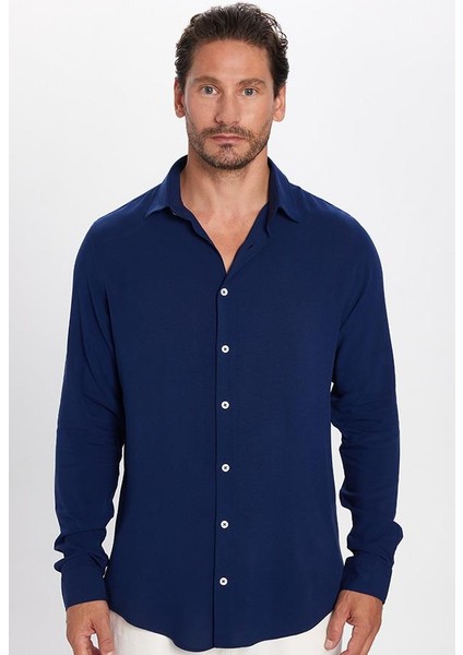 Slim Fit Dar Kesim Uzun Kol Dökümlü Viskon Şık Lacivert Erkek Gömlek modelleri