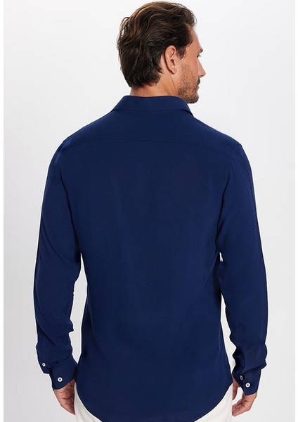 Slim Fit Dar Kesim Uzun Kol Dökümlü Viskon Şık Lacivert Erkek Gömlek indirimleri