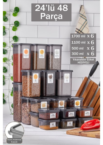 24'lü 48 Parça Big Mega Kare Erzak ve Bakliyat Saklama Kabı Seti 8x(0,50 Lt-1,10 Lt-1,70 Lt)Etiketli
