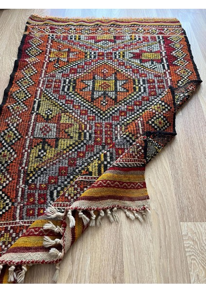91 x 147 cm Küçük Renkli Kilim, Geometrik Motifli El Dokuma Yün Kilim, Canlı Renkli Harika Kondisyonlu Nostaljik Kilim