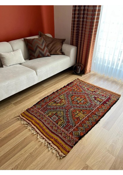 91 x 147 cm Küçük Renkli Kilim, Geometrik Motifli El Dokuma Yün Kilim, Canlı Renkli Harika Kondisyonlu Nostaljik Kilim fırsatları